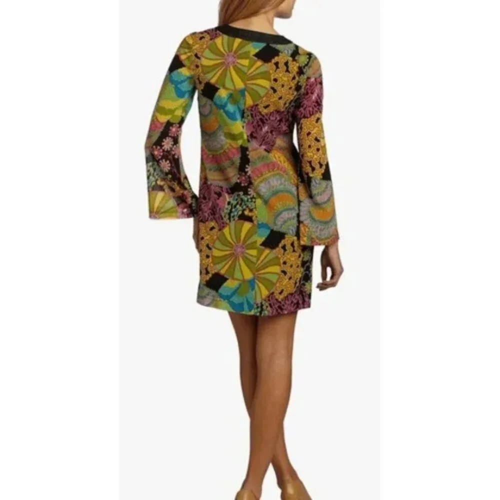 Trina Turk Silk Mini Dress Retro colorful print Bell Sleeve size 0 - Picture 11 of 11